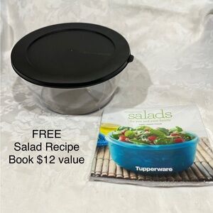 NEW! Tupperware Clearly Elegant Bowl w/ Black Seal & a FREE Salad Recipe Book